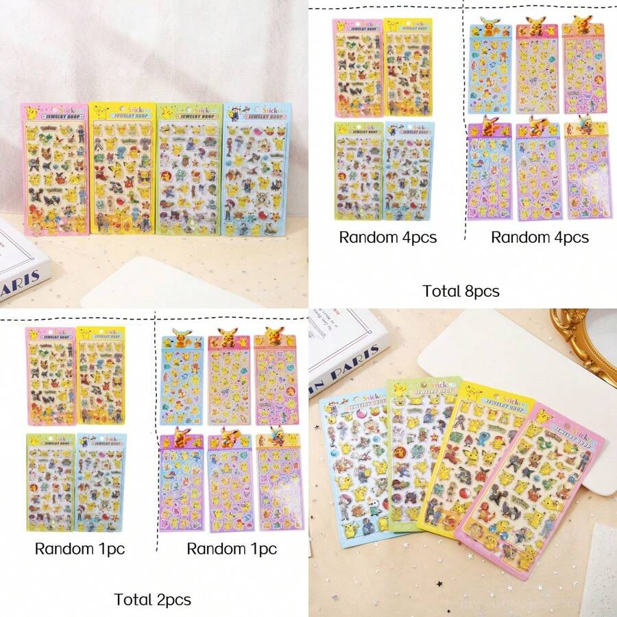 pokemon 2/4/8 piezas Juego de pegatinas de Pokémon con efecto holográfico, pegatinas decorativas de dibujos animados lindos para scrapbooking, diario, manualidades, mercancía de anime, adecuado para equipaje, funda de teléfono, taza, decoración de ventanas - Multicolor - Ver 1