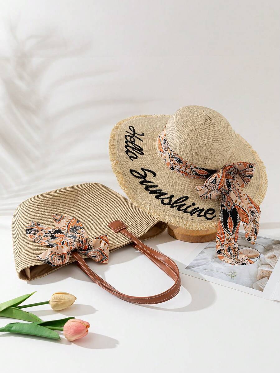 1 Gorra de béisbol con letra bordada + 1 Bolsa de paja - Tiras de tela beige con letras - Ver 1