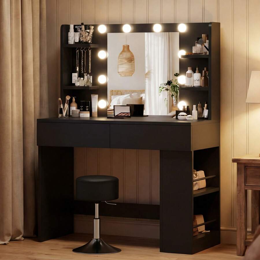 Devoko Modern Minimalist LED Vanity Table With Mirror, Black/White, 2 Drawers, 8 Open Shelves, Integrated Charging Station, 3 Light Colors With Dimmable Brightness, Flexibly Mountable Side Shelf - View 1