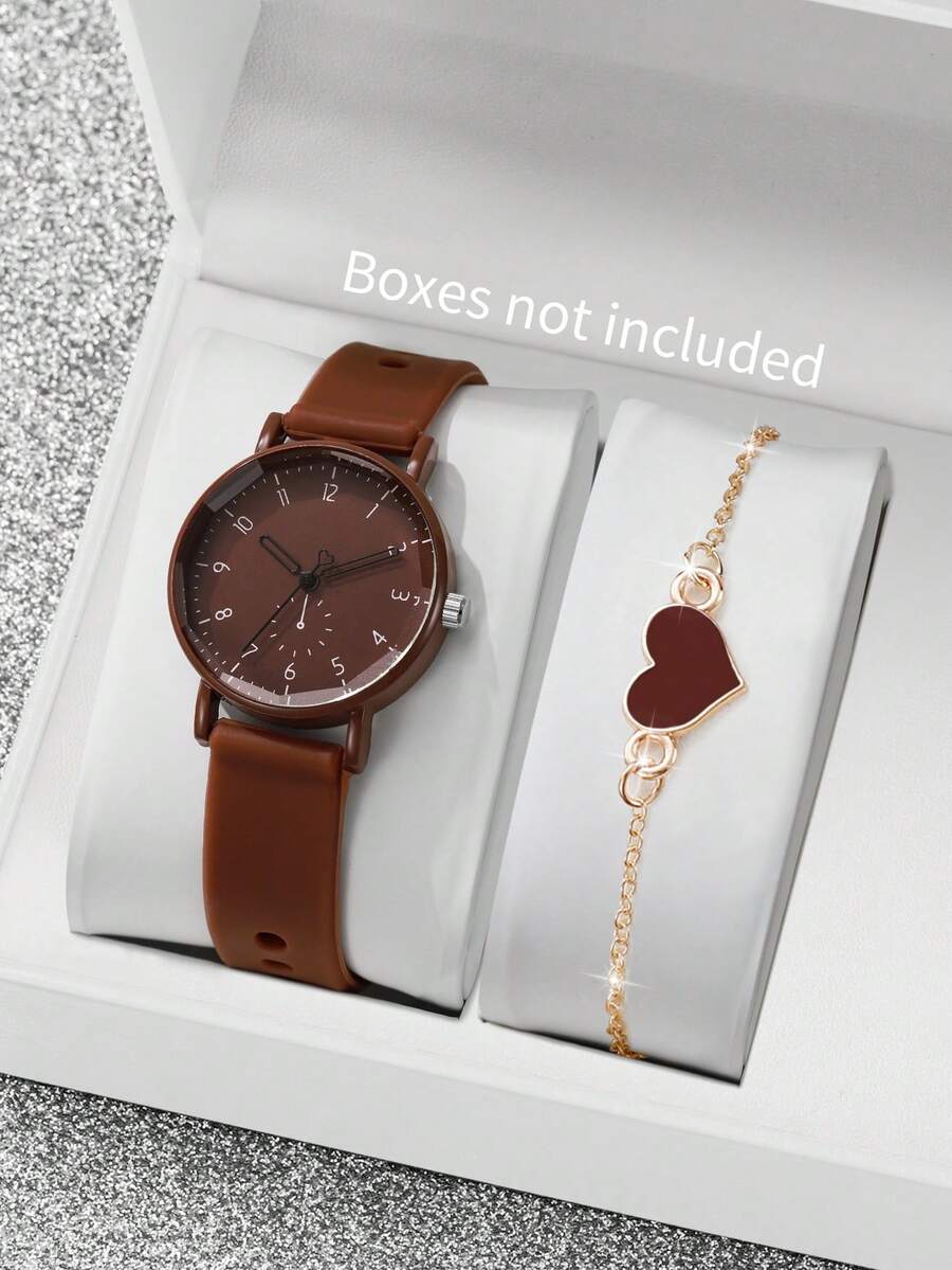 2pcs/Set Women's Silicone Watch With Elegant Numeric Dial, Quartz Wrist Watch + Heart-Shaped Bracelet (Watch Box Not Included) - Brown - View 1