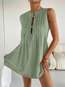 Vestido corto informal versátil de cuello cerrado sin mangas para mujer, detalles de pliegues y cordón delantero.Tela 100% algodón cómoda y transpirable, silueta holgada.Ideal para verano, playa y vacaciones. - verde menta - Ver 4
