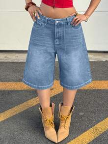 Quần jean Bermuda ống rộng và quần short denim dài đến đầu gối kiểu vintage Y2K với túi chéo, họa tiết râu mèo, quần short thường ngày mùa hè. - Màu xanh lam - Xem 6