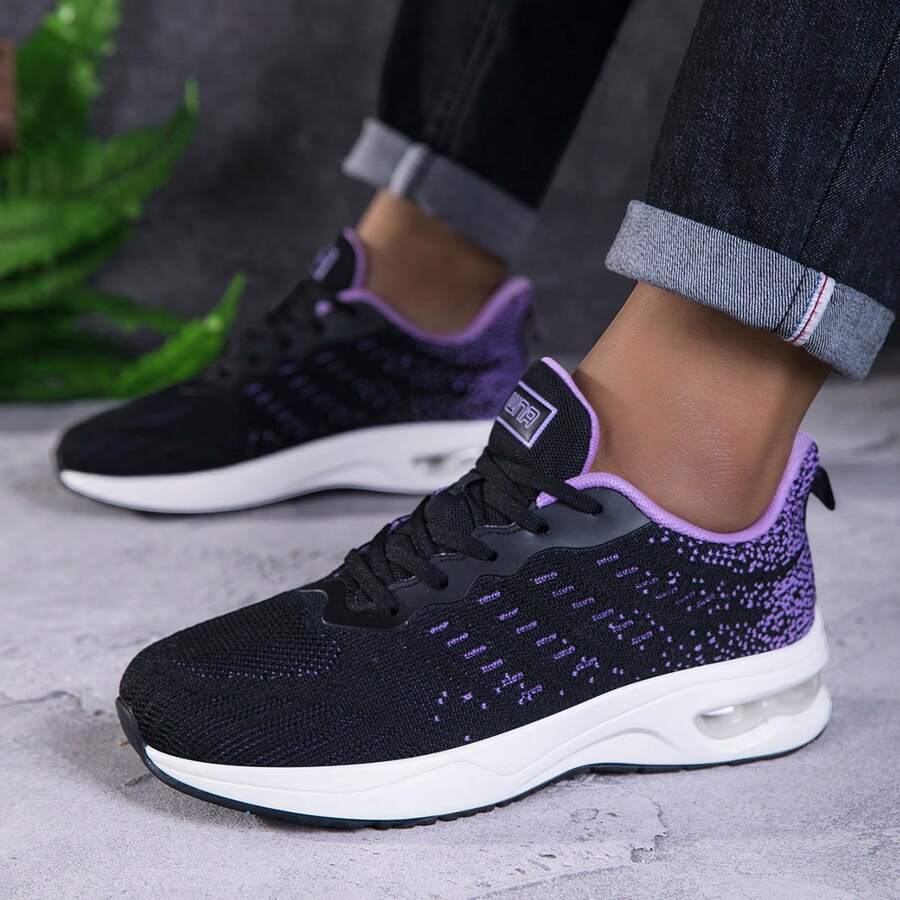 2026 Spring Wide Width Running Shoes With Air Cushion & Soft Sole, Breathable Knit Mesh Sneakers, All-Season Design, Perfect For Gym, Outdoor Activities, Travel And Daily Wear - 黑紫 - 查看 1
