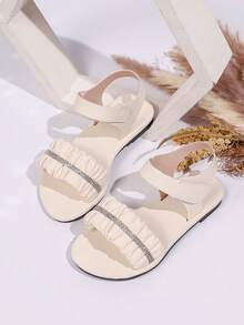 1 Pair Girls' Elegant Rhinestone Pleated PU Strap Hook And Loop Flat Sandals, Princess Style For Outing, Beach, Vacation, Suitable For Summer (Select Size Based On Foot Length Chart) - Beige - View 9