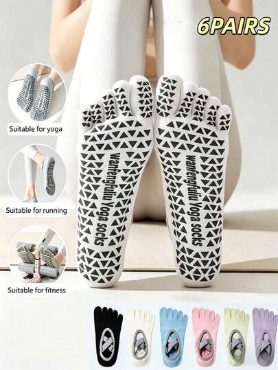 6 Pairs Women's Five Toe Yoga Socks, Grip Socks For Women Yoga, Ballet, Dance, Hospital Use, Non-Slip