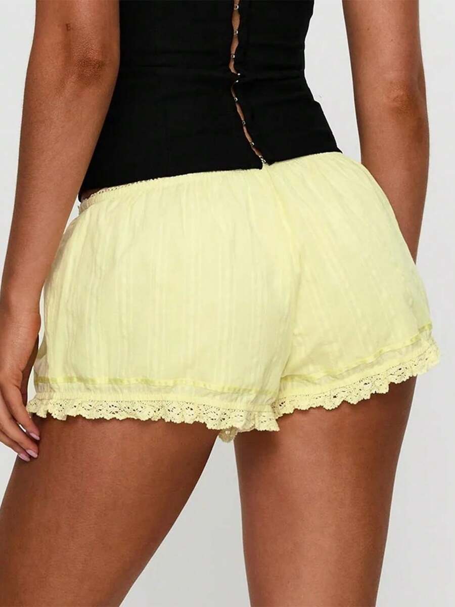Women's Summer Casual Lounge Shorts Elastic Waistband Lace Trim Low Waist Shorts - 黃色 - 查看 1