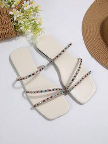 French Summer New Arrival Gorgeous Colorful Strap Criss-Cross Rhinestone Flat Square Toe Sandals, Slimming, Fashionable, Versatile, Comfortable - White - View 6