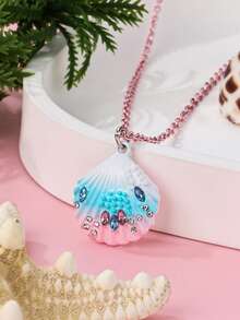 1pc Toddler Girls' Zinc Alloy Ombre Shell Painted Rhinestone Decoration Pendant Necklace, Casual Wear Jewelry - Multicolor - View 2