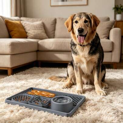 All In One Silicone Dog Slow Feeder Licking Mat, Multi-Area Puzzle Slow Eating Pad With Water Bowl, Non-Slip Suction Base Pet Distraction Toy For Bath Grooming Training