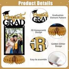 8pcs Graduation Decorations Class Of 2026 Table Centerpieces Congrats Glitter Grad Honeycomb Centerpieces For Photo Tables Toppers 2026 Graduation Party Decor Black Gold - Black - View 4
