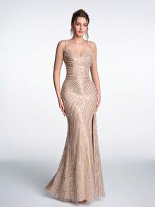 Women's Solid Color Sequin Strapless Elegant Evening Dress Wedding Party - Champagne - View 6