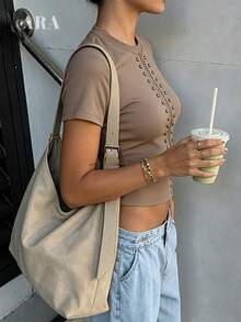 Áo thun ngắn tay nữ ARA CHIC màu nâu mocha, thiết kế retro, ôm sát, dáng ngắn, đa năng cho mặc hàng ngày, mẫu mới Xuân/Hè. - Màu nâu  Mocha - Xem 4