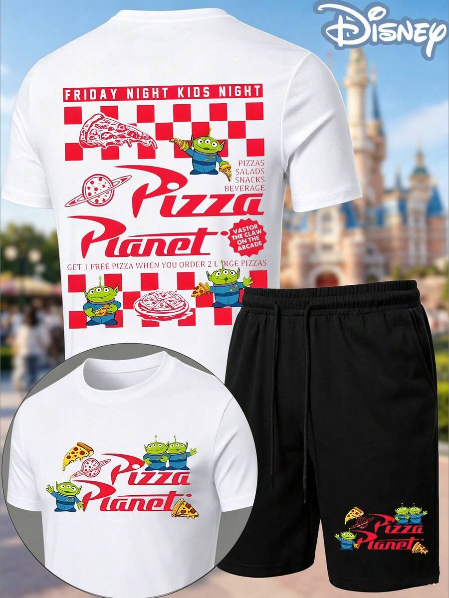 Men 2 Piece Outfits Disney Toy Story Pizza Planet Officially Licensed , Alien Graphic Tees, Shorts For Men Summer Clothes Casual Streetwear 2PC Set - 白色 - 查看 1