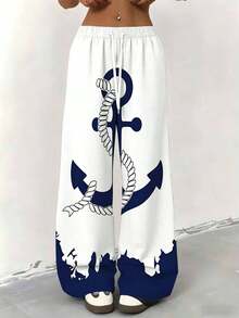 Women Straight Leg Wide Leg Pants Anchor Print Nautical Design Casual Wear For Leisure And Sports 250g - 彩色 - 查看 4