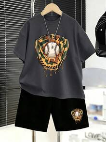 Teenage Boys' Vintage Camo Print Baseball Tee And Shorts Set, Comfortable Summer New Arrival - Multicolor - View 1