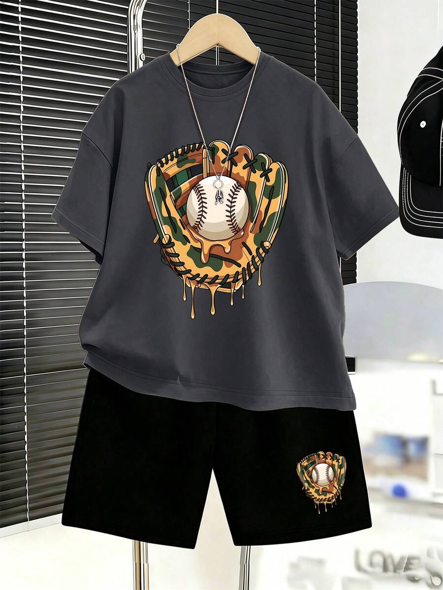 Teenage Boys' Vintage Camo Print Baseball Tee And Shorts Set, Comfortable Summer New Arrival - Multicolor - View 1