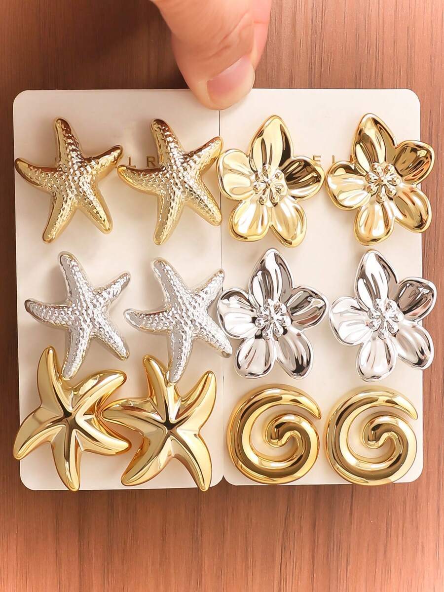 Bộ 2-12 chiếc hình sao biển vàng & bạc, hoa 5 cánh, vỏ sò xoắn, thời trang, thanh lịch, đa năng, phù hợp cho phụ nữ sử dụng hàng ngày, đi biển, làm quà tặng Ngày của Mẹ cho mẹ, bạn thân. - Nhiều màu - Xem 1