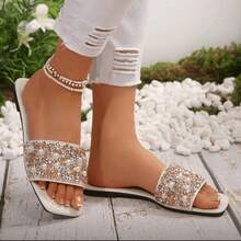 Plus Size Women's White Rhinestone Slippers, Flat Sandals Size 41-43 - Beige - View 4