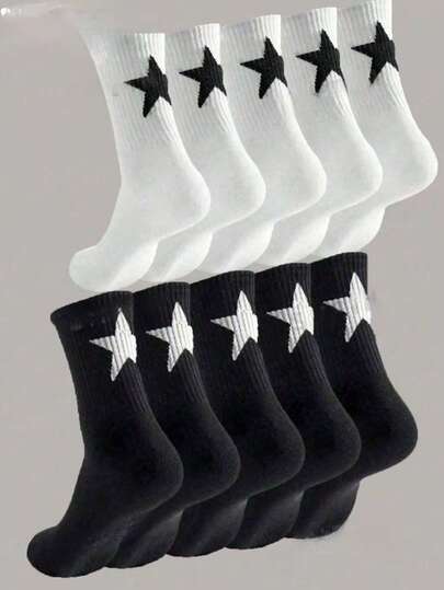 5 Pairs Unisex Casual Minimalist Black & White Pentagram Pattern Mid-Calf Socks, Versatile Fashion Socks, Great Gift For Father's Day