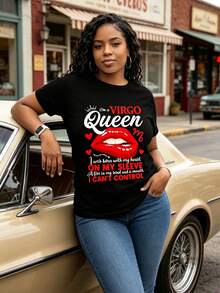 Virgo Queen Zodiac Graphic T-Shirt - Bold Red Lips & Crown Design With Born With Heart On Sleeve Quote - Black - View 2