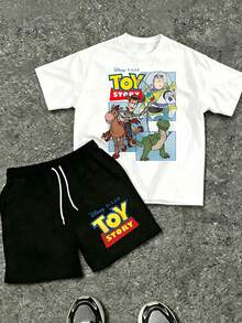 Disney P Ixar Toy Story Officially Licensed Men's 2-Piece Outfit, Woody & Buzz Lightyear Print Crew Neck T-Shirt & Drawstring Shorts Casual Summer Streetwear Set For Theme Parks & Daily Wear - 白色 - 查看 2