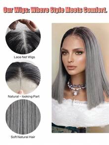 Tóc giả nhiều màu/cam/đỏ tía/xám/bạc, dài 12 inch, kiểu tóc thẳng 13x4, tóc bob, không cần keo dán, đã tỉa sẵn tóc con, phù hợp cho phụ nữ sử dụng hàng ngày, họp mặt gia đình, lễ hội, tiệc tùng. Phù hợp với mọi chủng tộc. Tóc mềm mượt. - Xám - Xem 9