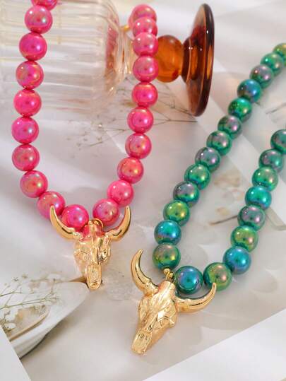 1件波西米亚西部牛仔风格创意时尚优雅精致迷人奢华简约独特大胆合金牛头项链，搭配彩色树脂珠和铜珠——是送给女士、姐妹、情侣、参加舞会或毕业典礼的理想礼物。适合日常佩戴、约会、派对、婚礼、假期和夏季海滩度假。
