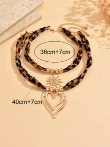2pcs/Set Vintage Exaggerated Leopard Print Hollow Heart Pendant Necklace, Fashionable Minimalist Charm Necklace For Women, Suitable For Daily Wear, Shopping, Party, And Photo Shooting - Multicolor - View 4