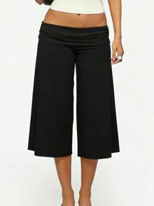 Gaucho Pants Women Fold Over Cropped Capri Pants Low Rise Wide Leg Yoga Capris Palazzo Culotte Stretch Bottoms - 黑色 - 查看 6