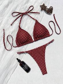 Women's Polka Dot Triangle Bikini Set With Heart-Shaped Ring Decor. Features Triangle Cup Design, Spaghetti Strap, Sweet Yet Stylish. Vacation Beach Summer - Multicolor - View 2