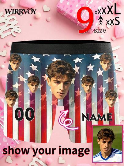 1pc Custom Photo Face Men's Boxer Briefs, Personalized Player Face & Number Print Underwear, USA Flag Star Stripes Design Trunks, Customizable Name & Photo Shorts, Unique Soccer Fans Gift For Him, Casual Game Day Men's Underwear