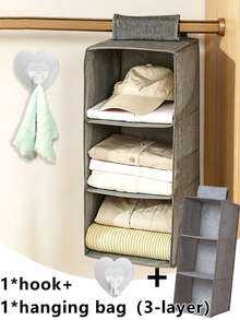 Foldable Hanging Wardrobe Storage Rack - Space-Saving Bedroom Storage Solution For Closets, Wardrobes And Cabinets, With Multi-Layer Non-Woven Hanging Bags With Drawers For Storing Shoes, Clothes And Kitchen Items, Gray Linen Pattern Home Decor, Room Decor And Autumn Decor, Multipurpose Hanging Organizer - Grey - View 21