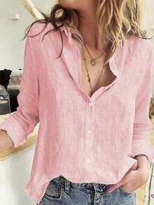 Camisa abotonada de color sólido, blusa elegante de manga larga con estampado floral y cuello, primavera - Rosa - Ver 1