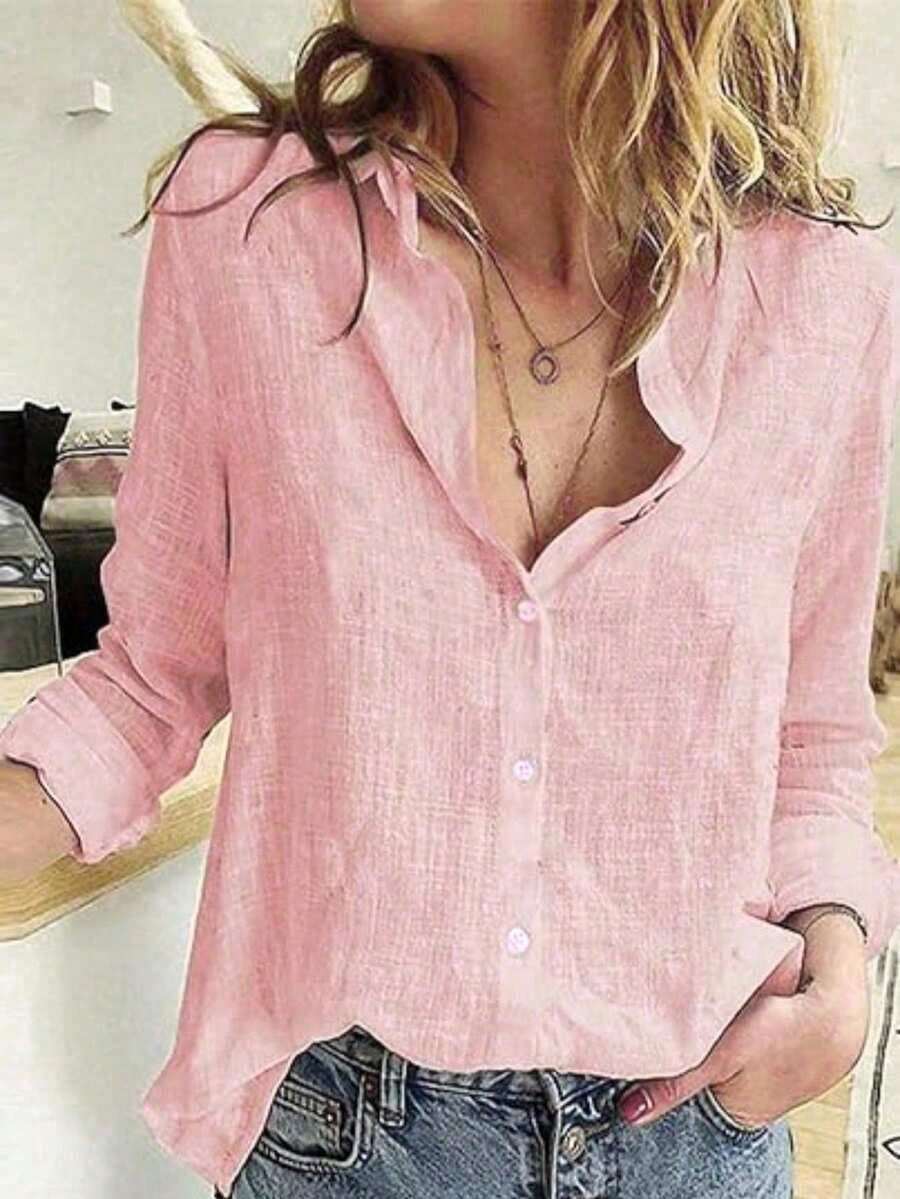Camisa abotonada de color sólido, blusa elegante de manga larga con estampado floral y cuello, primavera - Rosa - Ver 1