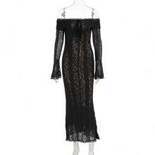 Vestido largo de encaje francés de otoño con hombros descubiertos y mangas de campana elegante y moderno para mujer - Negro con rib - Ver 1