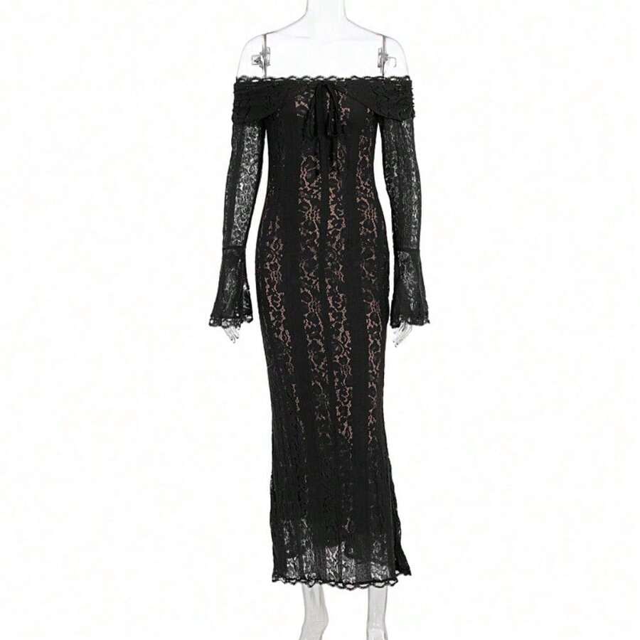 Vestido largo de encaje francés de otoño con hombros descubiertos y mangas de campana elegante y moderno para mujer - Negro con rib - Ver 1