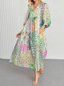 Đầm dài tay phồng kiểu Bohemian cỡ lớn dành cho nữ, cổ chữ V thắt nơ, kiểu dáng thanh lịch cho kỳ nghỉ. - màu xanh lá - Xem 5
