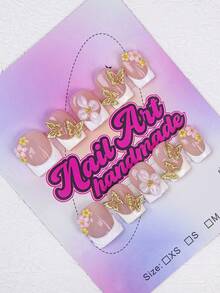 Set de 10 piezas de puntas de uñas cuadradas hechas a mano con estilo chic Y2K, en colores nude, blanco y dorado con diseños metálicos de cruz, estrella y asimétricos, adecuados para que las mujeres y niñas los usen en fiestas, bodas y vida diaria. Set de 10 piezas con 3 tamaños, incluye herramientas para uñas, un gran regalo para uñas postizas, suministros para uñas y uñas hechas a mano - Blanco - Ver 3