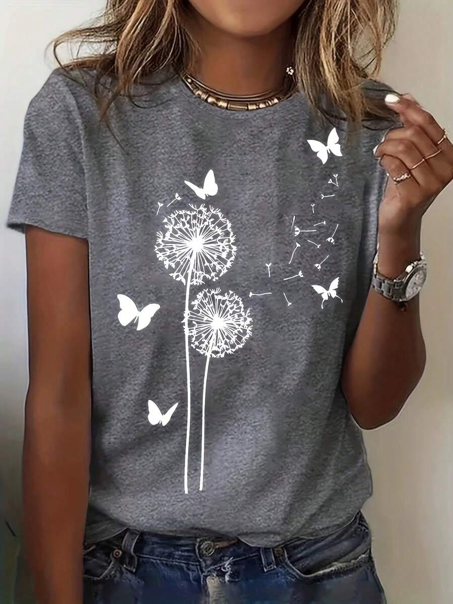 Women's Casual Relaxed Chic T-Shirt With Dandelion And Butterfly Print, Perfect For Summer With An Elegant Dandelion Pattern For Women. - 灰色 - 查看 1