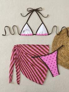 Conjunto de traje de baño de 3 piezas con estilo dulce de lunares rosa y marrón para mujer - Multicolor - Ver 3