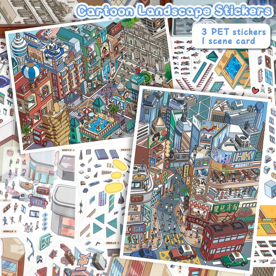 3D 立體場景貼紙 街道景觀貼紙 創意療癒迷你場景貼紙 適合禮物、辦公室、居家、娛樂玩具、學生手帳、創意復古裝飾、造景 DIY 材料、學校用品