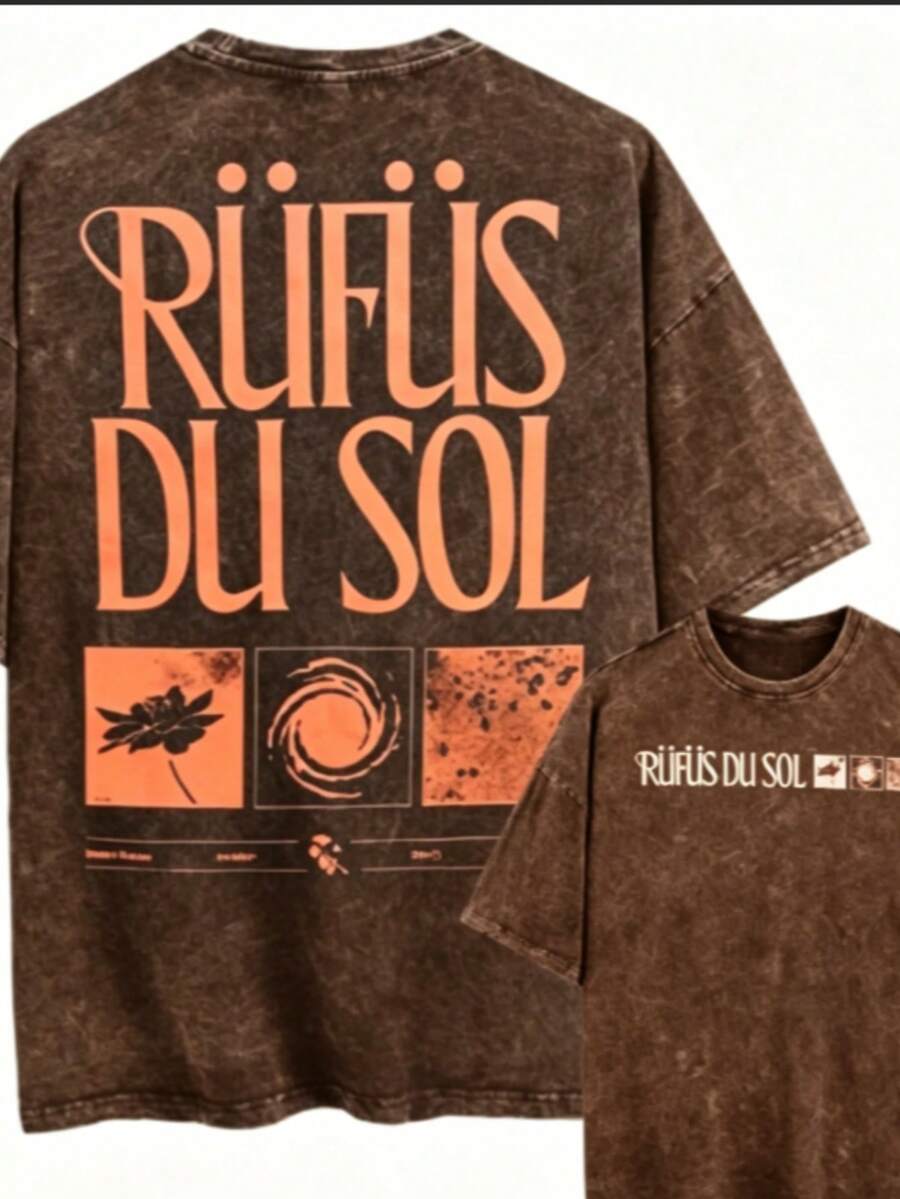 Summer TopsVintage Washed Oversized Black Tshirt Graphic Men Women Clothing Rufus Du Sol, Leaf, Circle, Texture American Vintage Rufus Du Sol 2025 Con - 咖啡棕 - 查看 1