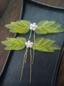 1pc Elegant Green Bamboo Flower Design Hair Clip, 10cm Length Chinese Style Hair Accessory, Five-Petal Flower With Bamboo Leaf Design, Metal Material, Easy To Use - High-Quality Design, Minimalist & Fashionable, Alloy Material, Convenient To Use - Multicolor - View 7