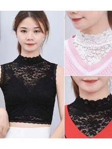 Áo tank top cổ cao kiểu Pháp với họa tiết ren hoa, chất liệu co giãn, mỏng nhẹ, ôm sát, thích hợp mặc cả bốn mùa. - A - Xem 2