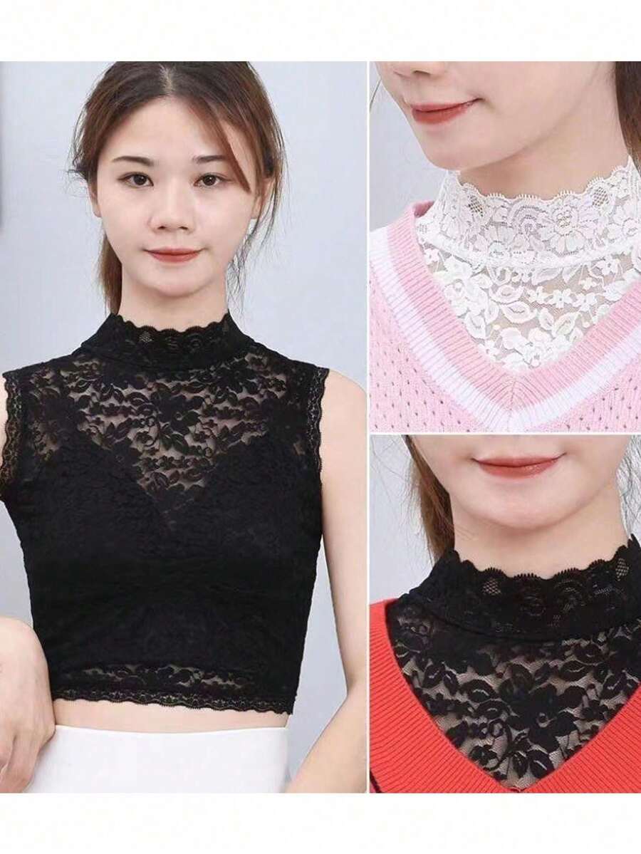 Áo tank top cổ cao kiểu Pháp với họa tiết ren hoa, chất liệu co giãn, mỏng nhẹ, ôm sát, thích hợp mặc cả bốn mùa.