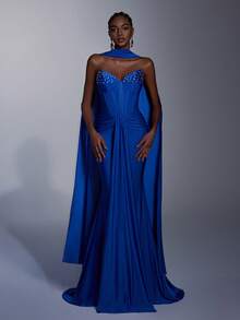 AOSHABABI 蓝色无肩带露背飘逸长裙，美人鱼廓形，胸前饰有水钻，腰部褶皱设计，后背系带，适合正式场合、音乐节、晚宴、婚礼、派对、毕业典礼、鸡尾酒会、约会、假期以及伴娘礼服派对。 - 藍色 - 查看 4