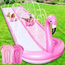 Foilswirl - Tobogán acuático 3D de 20 pies con 3 lados  para césped toboganes de agua con 2 tablas de bodyboard y aspersor tobogán inflable de verano tobogán acuático resistente para niños y - Flamenco - Ver 9