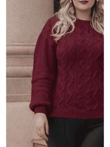 Plus Size Winter Puff Sleeve Knitted Blouse - Size G2 (EXL) - Redwood - View 2