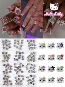 12pcs/Set Sanrio Hello Kitty Cartoon Nail Art Decoration Kit, 12 Assorted Alloy Bow Series Hello Kitty Design Nail Jewelry DIY Mini Rhinestone Flat Decals - Multicolor - View 10