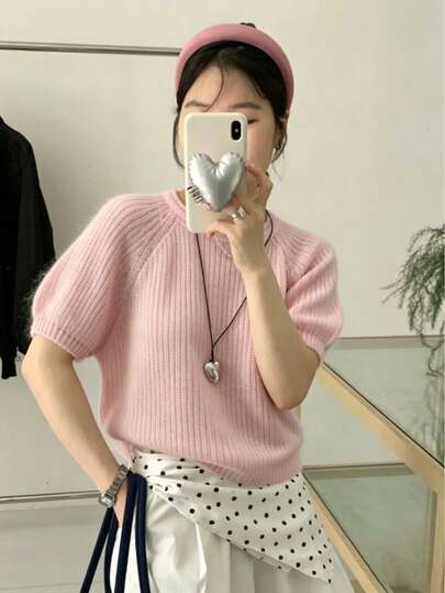 Maglietta in maglia a maniche corte stile coreano, morbida e confortevole. Manica a palloncino, scollo tondo, casual, cropped, stile slouchy, maniche raglan, rosa, nuova collezione estiva